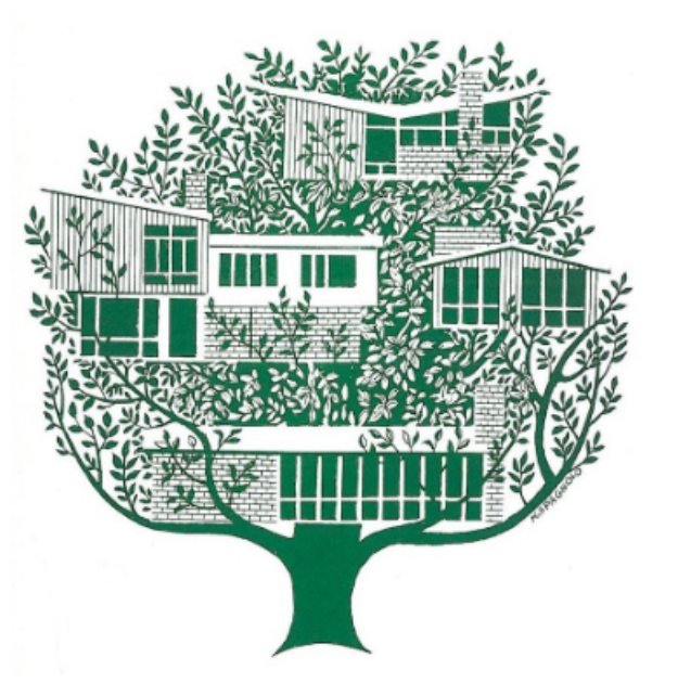 Logo of Hollin Hills with tree with mid-century modern houses